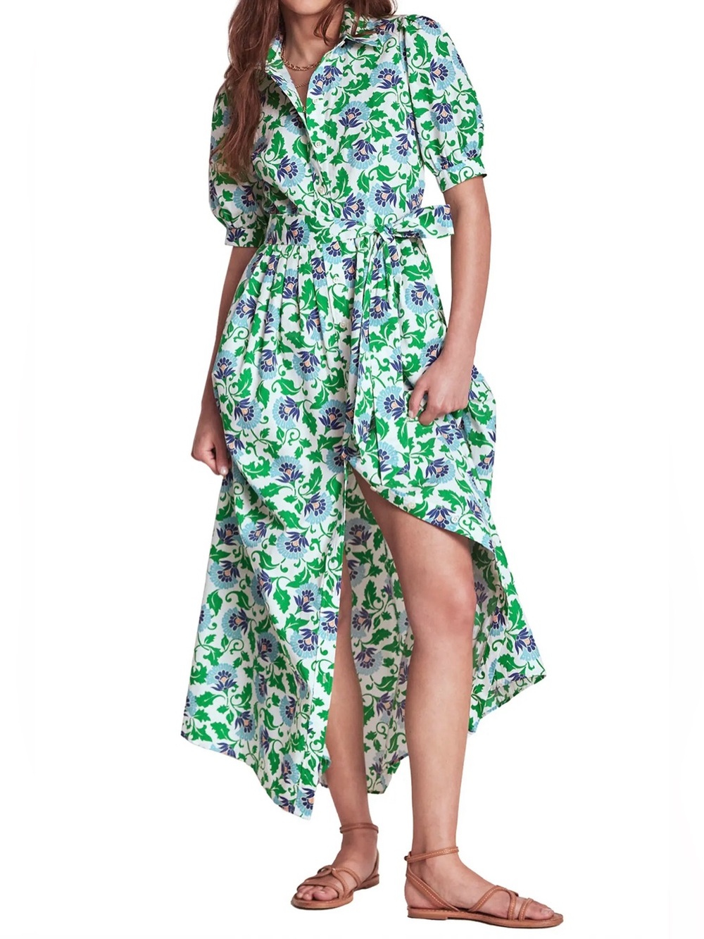 Boden Alexa Maxi Belted Shirt Dress in green white size 8